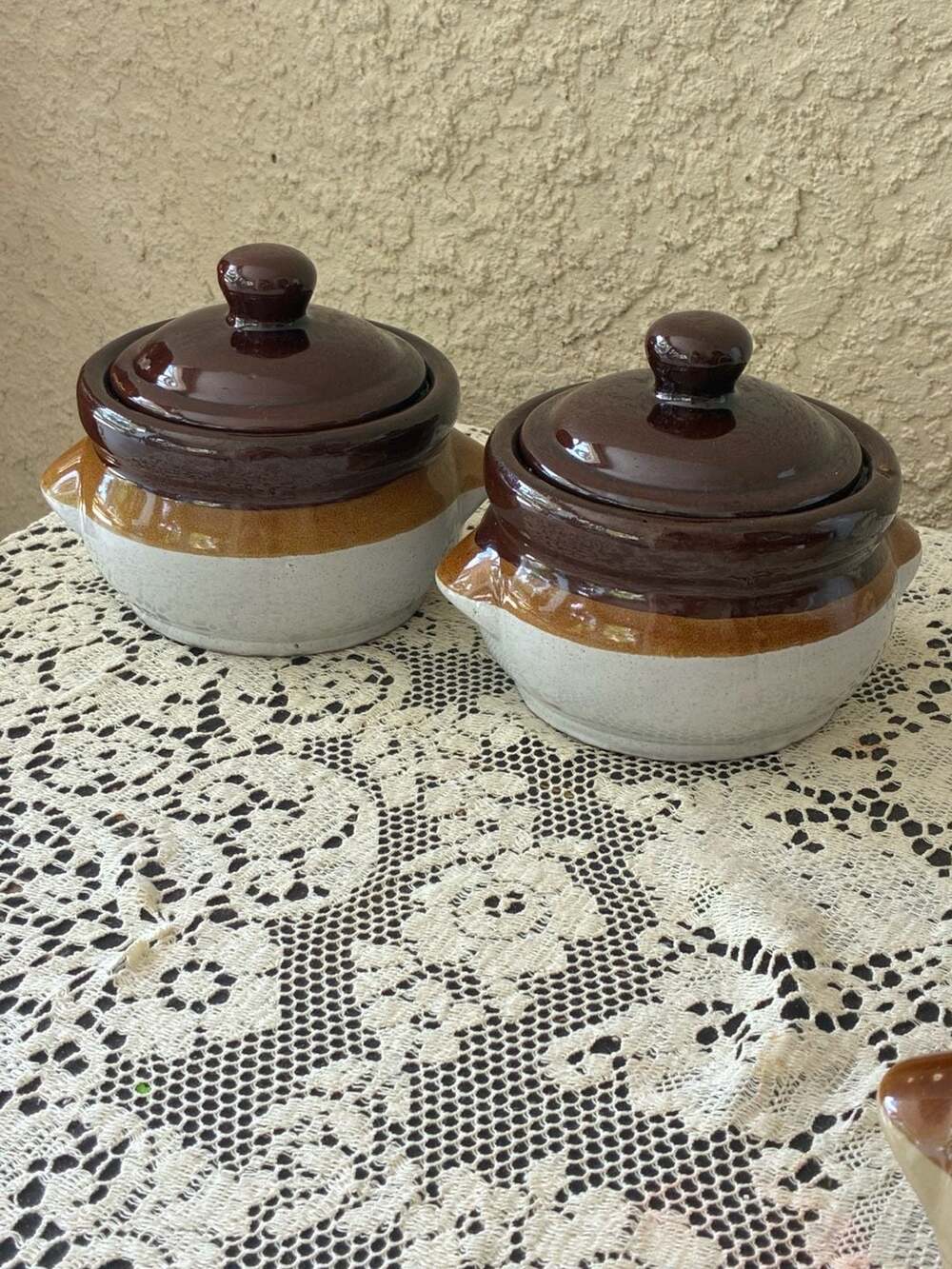 Set of 2 Vintage Brown and Tan Stoneware Bean Pots with Lids